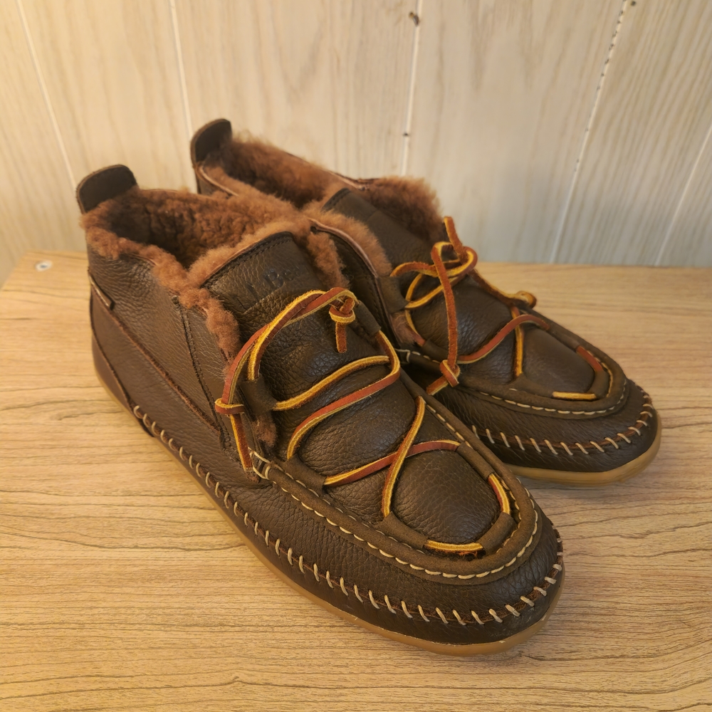 L.L. Bean Men's Leather Moccasin Fur-Lined Slippers - Brown - Size 11 - Picture 2 of 9